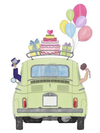 Handpainted Green Retro Fiat 500 with bride and groom, wedding cake, balloons and gifts. Copy space on license plate