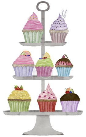 Photo for Various cupcakes in different colors on a tiered tray, tea party watercolor illustration - Royalty Free Image