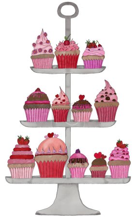 Photo for Various cupcakes in red and different shades of pink on a tiered tray, Valentine watercolor illustration - Royalty Free Image
