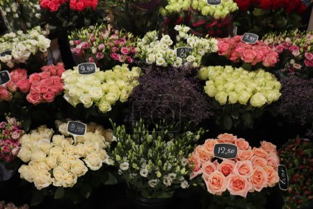 Various shades of fresh roses in a small flower shop. Prices in euros on tags