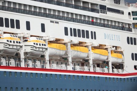 Photo for IJmuiden, the Netherlands - April, 30th 2022: MS Bolette cruise ship, operated by Fred Olsen Cruise lines. Detail of life boats. - Royalty Free Image