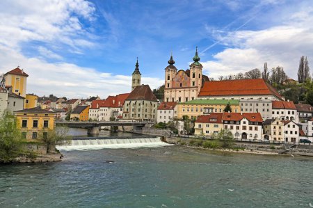 Panoramic view of the dam and the Steyr city Austria