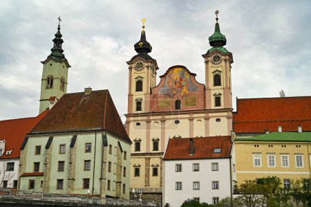 Colorful old buildings and church in Steyr Austria