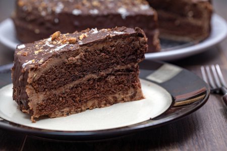 Foto de Placa con rebanada de sabroso pastel de chocolate casero en la mesa - Imagen libre de derechos