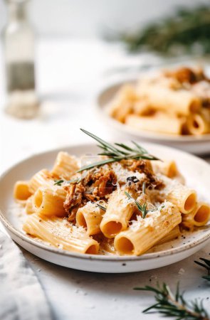 Un plato italiano de pasta de rigatoni fresca con una salsa de tomate cremosa, cebollas y verduras carmelizadas con hierbas para una comida saludable agradable.