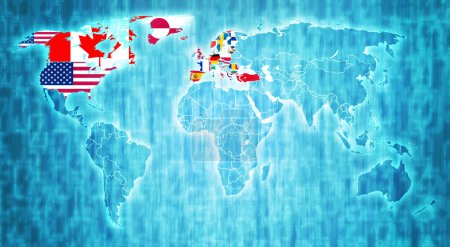 Territorio de la OTAN en el mapa mundial en 2024 con banderas nacionales sobre fondo digital