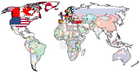 Territorio de la OTAN en el mapa mundial en 2024 con banderas nacionales