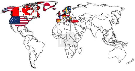 NATO territory on world map in 2024 with national flags