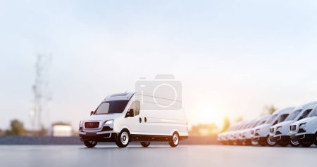 Transportation van and fleet of cargo trucks courier service. Transport, shipping industry. 3D illustration