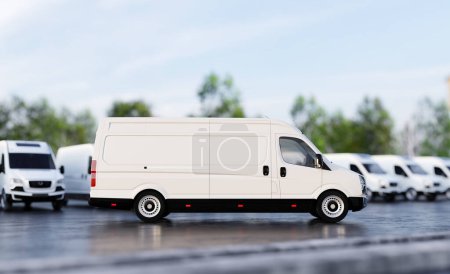 Transportation van and fleet of cargo trucks courier service. Transport, shipping industry. 3D illustration