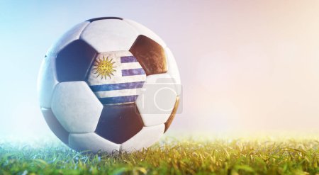 Fußball mit Fahne Uruguays auf dem Rasen. Uruguayische Nationalmannschaft