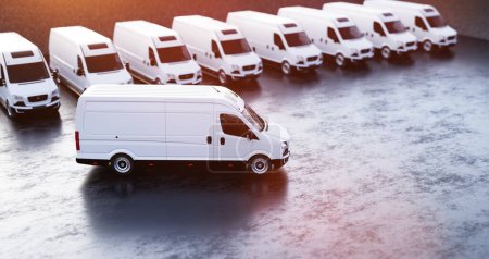 Transportation vans and fleet of cargo trucks courier service. Transport, shipping industry. 3D illustration