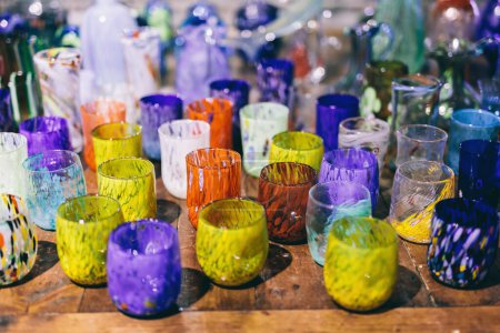 Murano glass exhibition of handmade glassware at workshop in Murano, Italy. Traditional craft art