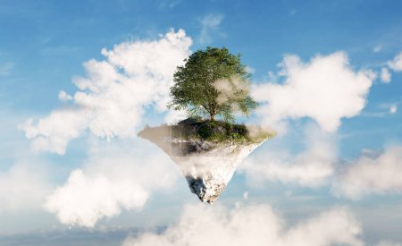 Floating island with green grass and tree on clouds on blue sky