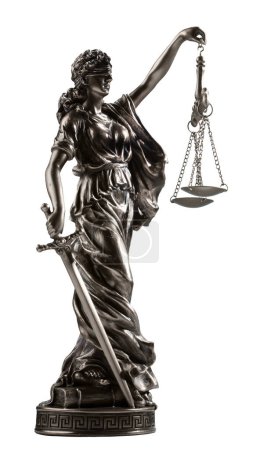 Estatua de Themis ley y símbolo de justicia aislado en blanco.