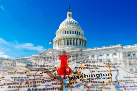 Photo for Capitol in Washington DC. September 20. 2020. Destination Washington DC. Geographical map with a pin marking the direction. Dome of the Capitol under the blue sky. USA travel concept. Collage. - Royalty Free Image