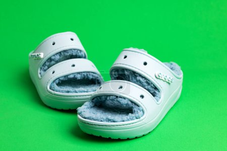 Foto de Sandalias de goma azul Crocs con forro de piel sintética, sobre un fondo verde. - Imagen libre de derechos