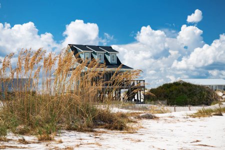 Summer houses on stilts on the Atlantic Ocean in North Carolina.
