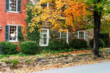 House facades in ancient American city in Virginia with traditional architecture. Ancient brick houses, stone pavements.