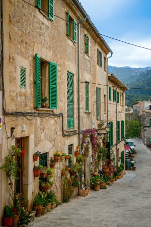 Foto de Acogedora calle vieja llena de macetas en el encantador pueblo de Valldemossa, Mallorca, España - Imagen libre de derechos