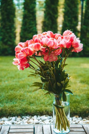 Téléchargez les photos : Un bouquet de pivoines roses, frais et plein de vie. Ils sont logés dans un vase en verre transparent qui permet aux tiges vertes d'être visibles - en image libre de droit