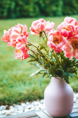 Un bouquet de pivoines roses, frais et plein de vie. Ils sont logés dans un vase côtelé rose
