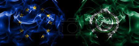 Téléchargez les photos : Flags of EU, European Union vs Arab League. Smoke flag placed side by side on black background. - en image libre de droit