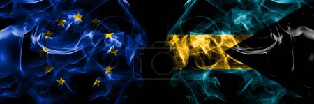 Foto de Flags of EU, European Union vs Bahamas, Bahamian. Smoke flag placed side by side on black background. - Imagen libre de derechos
