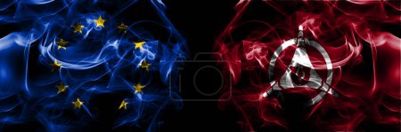 Photo for Flags of EU, European Union vs Japan, Japanese, Ikeda, Hokkaido, Tokachi, Subprefecture. Smoke flag placed side by side on black background. - Royalty Free Image