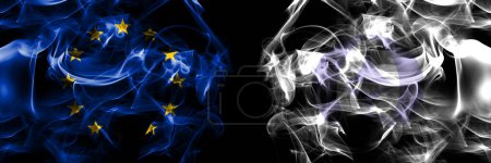 Foto de Flags of EU, European Union vs Japan, Japanese, Shibetsu, Town, Hokkaido, Nemuro, Subprefecture. Smoke flag placed side by side on black background. - Imagen libre de derechos