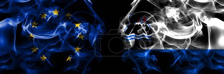 Téléchargez les photos : Flags of EU, European Union vs Russia, Russian, Kamchatka Oblast. Smoke flag placed side by side on black background. - en image libre de droit