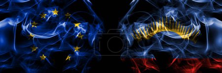 Photo for Flags of EU, European Union vs Russia, Russian, Murmansk Oblast. Smoke flag placed side by side on black background. - Royalty Free Image