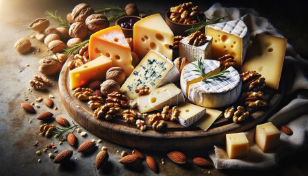 Freuen Sie sich auf die luxuriöse Vielfalt dieses hochwertigen Bildes mit einem Gourmet-Käse- und Nusssortiment, das auf einem rustikalen Holzbrett künstlerisch präsentiert wird. 