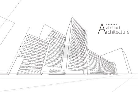 Ilustración 3D abstracto moderno edificio urbano fuera de línea en blanco y negro dibujo de la imaginación arquitectura edificio construcción perspectiva diseño. 