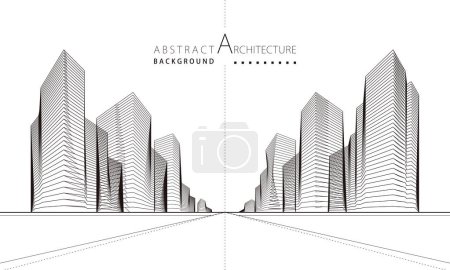 Illustration for 3D illustration, abstract modern urban landscape line drawing, imaginative architecture building construction perspective design. - Royalty Free Image