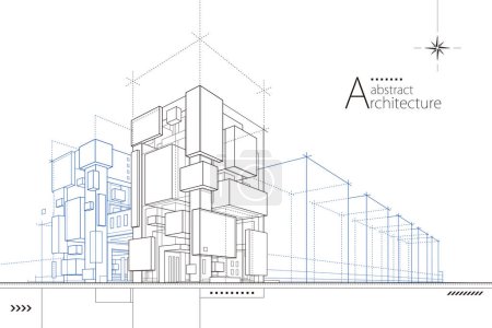 Téléchargez les illustrations : Illustration 3D bâtiment urbain abstrait dessin hors ligne de l'imagination architecture construction design. - en licence libre de droit