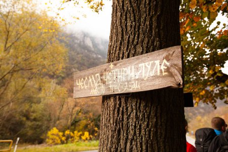 Téléchargez les photos : Panneau en bois dans les bois le jour de l'automne. - en image libre de droit