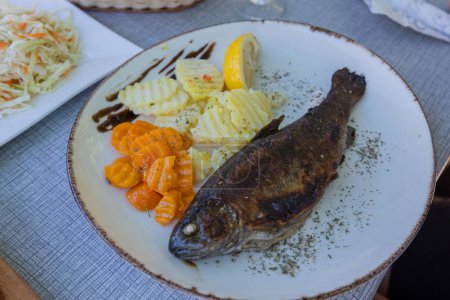 Téléchargez les photos : Portion de truite grillée avec pommes de terre bouillies et carottes tranchées sur la table du restaurant. - en image libre de droit