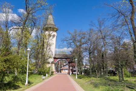 Foto de Palacio majestuoso se encuentra en un parque con árboles, su estilo Art Nouveau retro que destaca entre el paisaje tranquilo del lago Palic, parque natural. Serbia, Europa. - Imagen libre de derechos