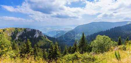 Photo for Summer nature mountains landscape. Scenery of green hills and fields. Beautiful blue sky with clouds. Panoramic view of Mountain Kopaonik, Serbia, Europe. - Royalty Free Image