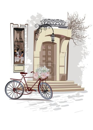 Illustration for Series of backgrounds decorated with flowers, old town views and street cafes. Caf window.   Hand drawn vector architectural background with historic buildings. - Royalty Free Image