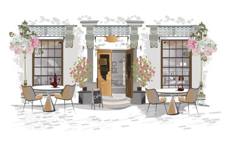 Series of backgrounds decorated with flowers, old town views and street cafes. Caf window.   Hand drawn vector architectural background with historic buildings. 