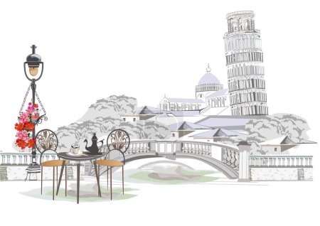 Serie von Reisehintergründen mit italienischen Sehenswürdigkeiten, Straßencafés und architektonischen Ansichten. Der Turm von Pisa, handgezeichnete Vektorillustration.