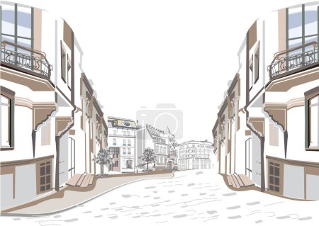 Series of backgrounds decorated with flowers, old town views and street cafes. Caf window.   Hand drawn vector architectural background with historic buildings. 