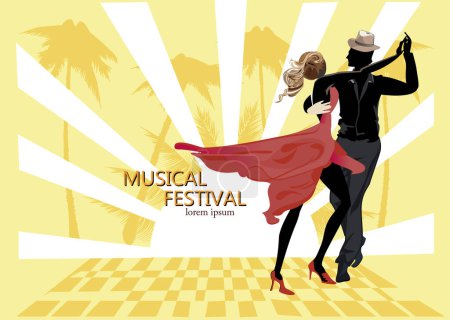 Illustration for Beautiful romantic couple in passionate Latin American dances. Salsa festival. Hand drawn poster background. - Royalty Free Image