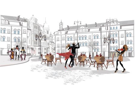Illustration for Series of street views in the old city with dancing couple and musicians. Hand drawn vector architectural travel background with historic buildings. Hand drawn vector illustration. - Royalty Free Image