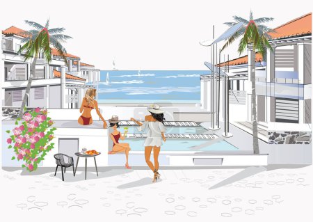 Illustration for Series of summer backgrounds with people relaxing near the pool around the cozy buildings of the resort.Sandy beach with palm trees and flowers. Hand drawn vector illustration. - Royalty Free Image