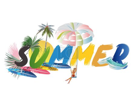 Illustration for Lettering summer decorated with palms, tropical leaves, a paragliding girl. Hand drawn vector illustration. - Royalty Free Image