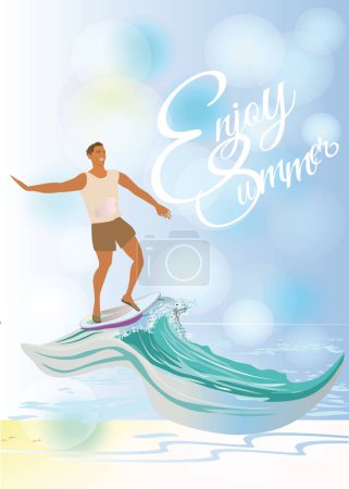 Illustration for Series of summer backgrounds with summer activities: surfer on the ocean wave. Fashion people on the beach. Hand drawn vector illustration. - Royalty Free Image