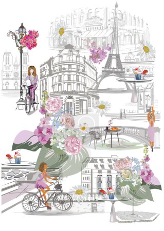 Set von Pariser Symbolen mit dem Eiffelturm, Mode-Mädchen und Schriftzug Bonjour, Mode-Mädchen in Hüten, architektonische Elemente. Handgezeichnete Vektorillustration.